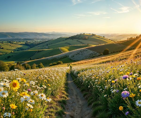 Weg durch blühende Berglandschaft im Sonnenlicht – Symbol für Leichtigkeit und Hoffnung.