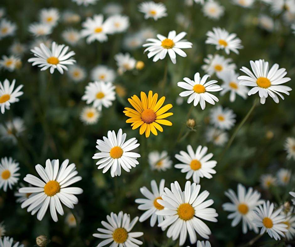 Gelbe Blume hebt sich von weißen Margeriten ab – Metapher für Neid und Vergleiche beim Kinderwunsch