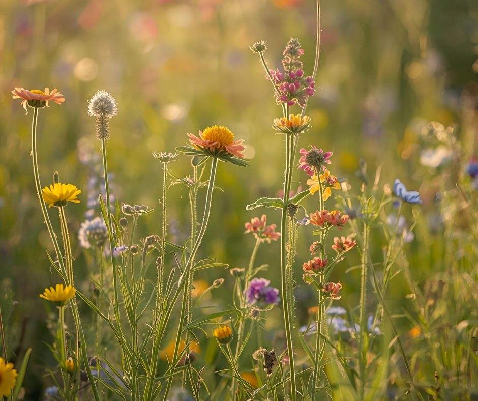 Nahaufnahme verschiedener bunter Wiesenblumen – Symbol für Vielfalt, Ruhe und innere Stärke bei unerfülltem Kinderwunsch