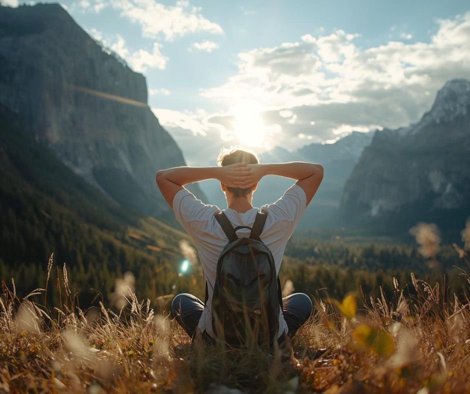 Person sitzt in den Bergen mit hinter dem Kopf verschränkten Händen und blickt in die Sonne - Symbol für innere Stärke und mentale Entlastung beim Kinderwunsch