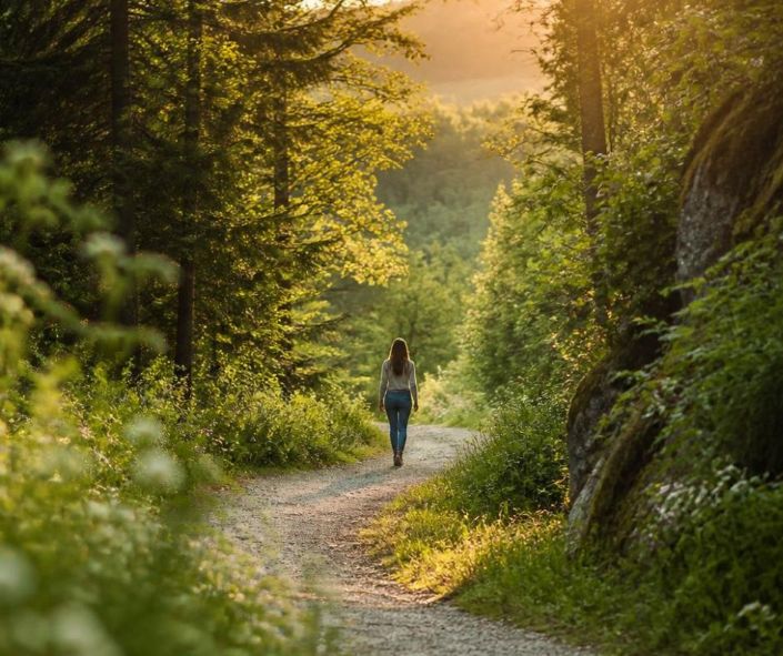 Frau geht auf einem geschwungenen Waldweg durch einen hellen Wald – Symbol für den persönlichen Weg bei Kinderwunsch und Endometriose.