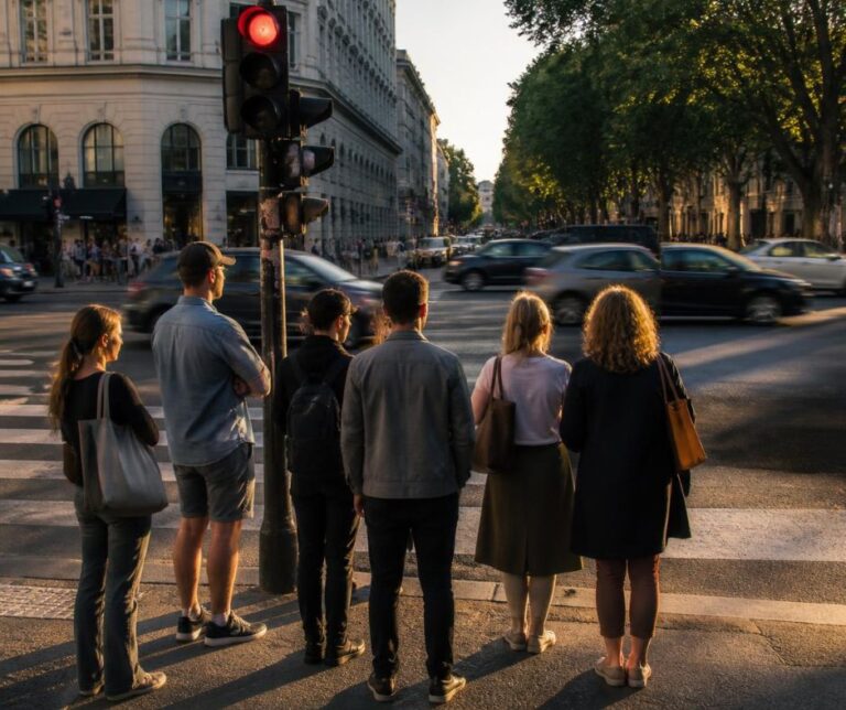 Frauen und Männer warten an einer roten Ampel, während der Verkehr an ihnen vorbeifährt.