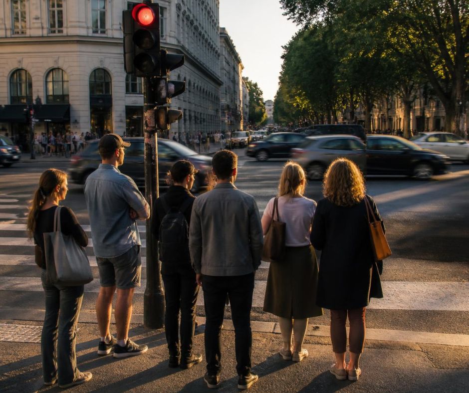 Frauen und Männer warten an einer roten Ampel, während der Verkehr an ihnen vorbeifährt.